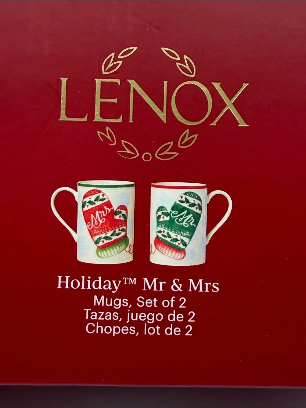 Lenox Holiday Mr & Mrs Christmas Mugs Set of 2 Mittens Red Green- 14 oz With Box